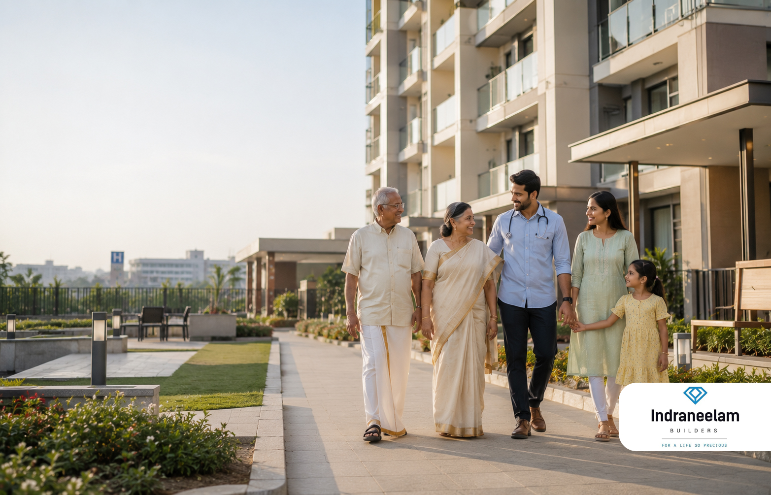 Senior-friendly luxury apartments in Thrissur with accessible design, modern amenities and peaceful living for healthcare professionals caring for aging parents at Indraneelam Infinia