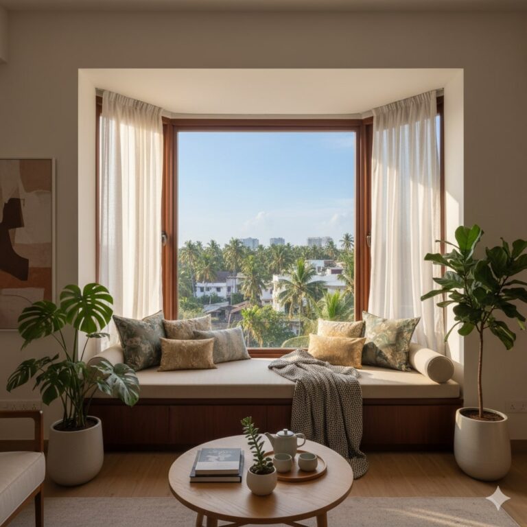 Modern apartment interior with scenic city view designed by the best builders in Thrissur