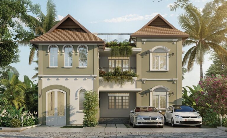 Luxury villa exterior by the best builders in Guruvayur showcasing modern design and serene surroundings at LivAura by Indraneelam Builders.