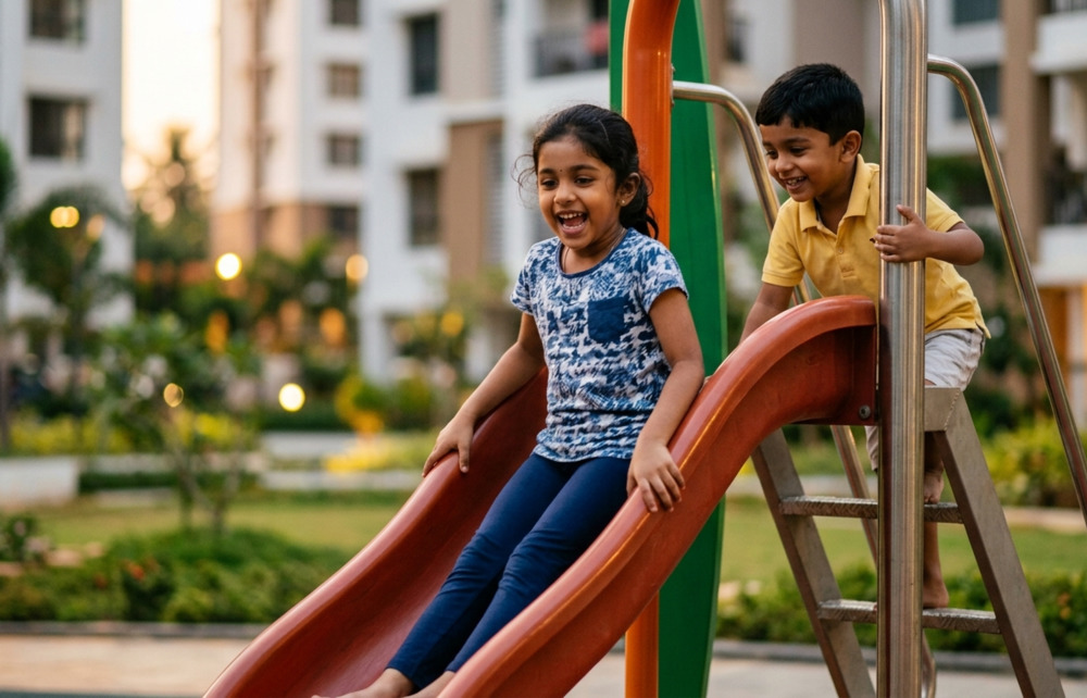 Meticulously planned kids play area at Indraneelam Infinia luxury apartments in Punkunnam Thrissur featuring child-safe equipment.