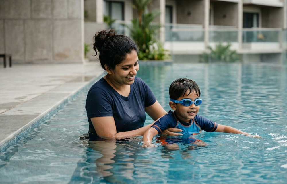 Rooftop infinity swimming pool at Indraneelam Infinia luxury apartments in Punkunnam, Thrissur.