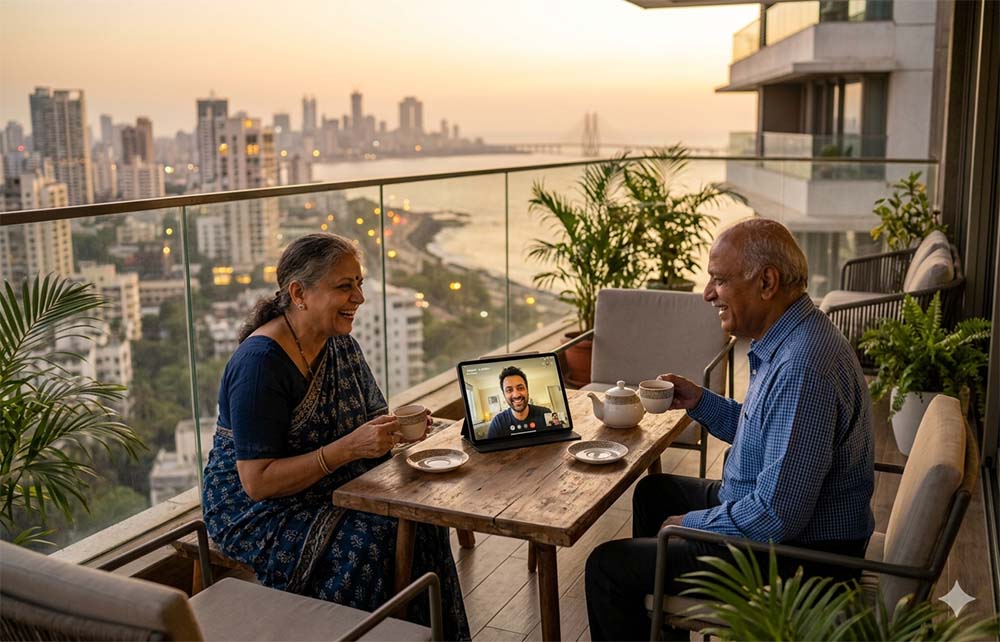 A senior couple relaxing in a premium balcony at Indraneelam Infinia, Thrissur, representing NRI parents settling back home.