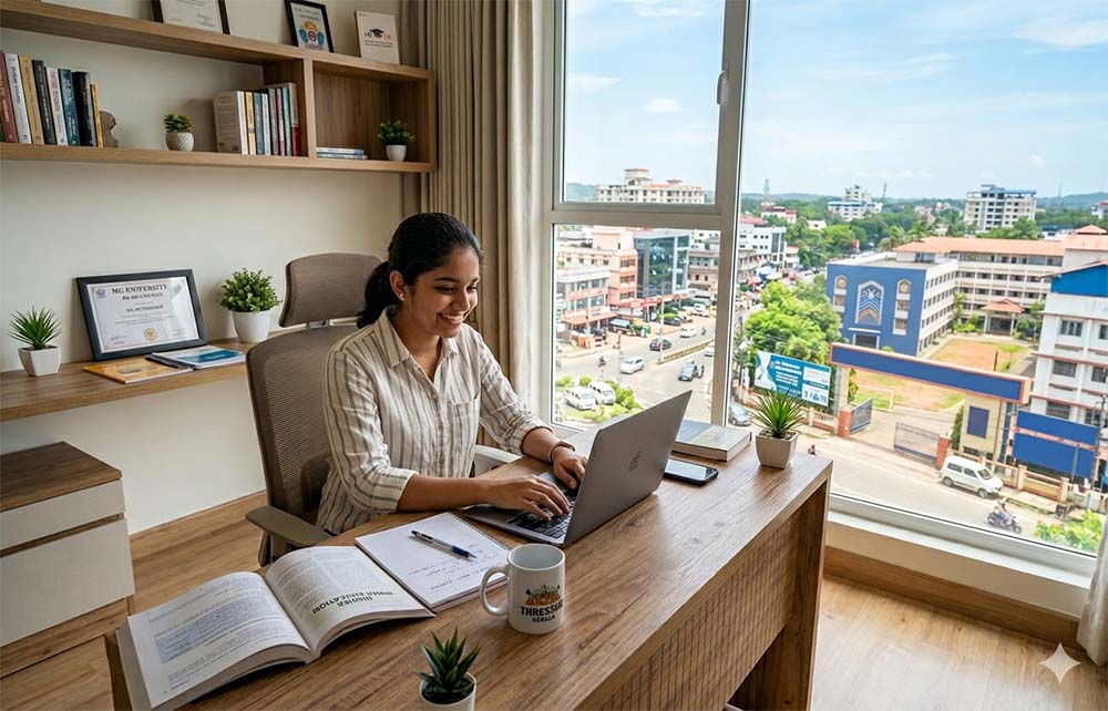 A modern luxury high-rise apartment building by Indraneelam Infinia in Punkunnam, Thrissur, highlighting a premium lifestyle environment for NRI families.