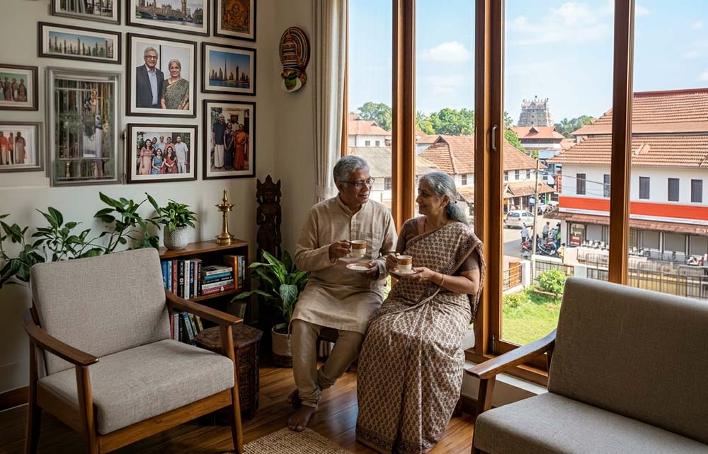 A premium modern apartment interior and exterior of Indraneelam Infinia in Thrissur, representing a comfortable retirement and resettlement home for returning NRIs.